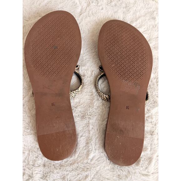Tory Burch Bow Thong Sandals Snake Print Gold Logo Flat Flip Flops Womens 8.5 - Picture 7 of 14